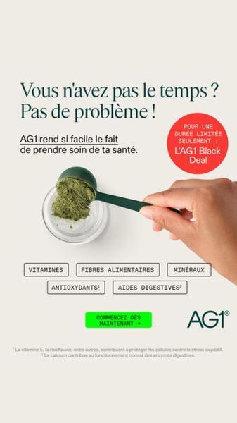 A high-contrast, minimalist ad for a dietary supplement powder, using a clean aesthetic to highlight product benefits and time-saving value.